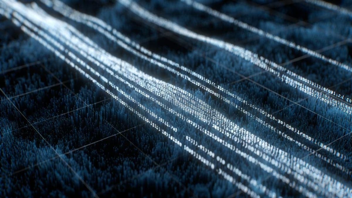 Abstract visualization of parallel token generation with noise resolving into coherent text patterns