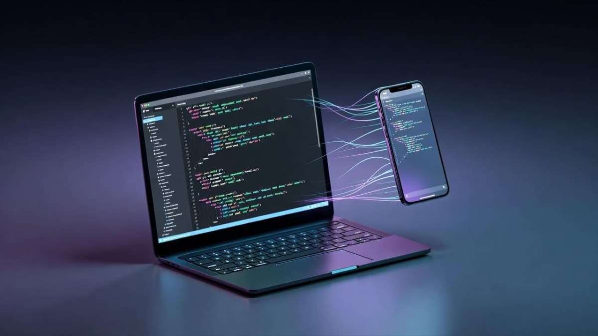 Smartphone displaying a terminal coding session synced from a laptop in the background