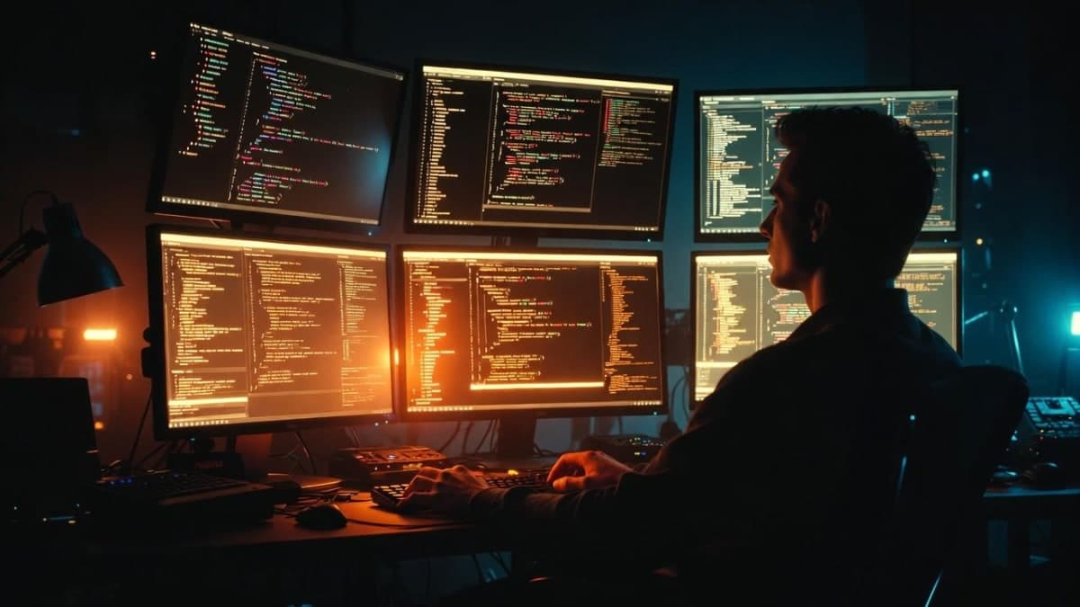 Abstract visualization of interconnected AI coding agents processing tasks in parallel, represented as glowing nodes on a dark background