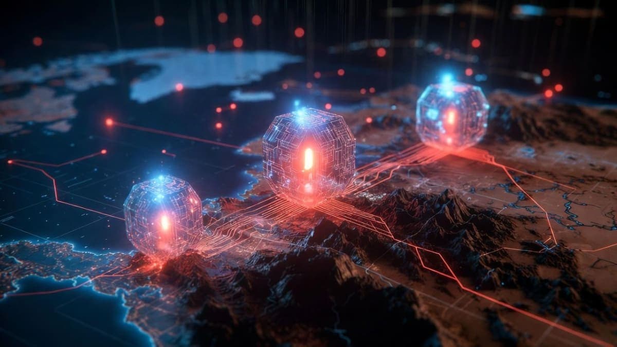 Abstract illustration of three AI systems facing off across a simulated war map with escalation indicators rising toward red