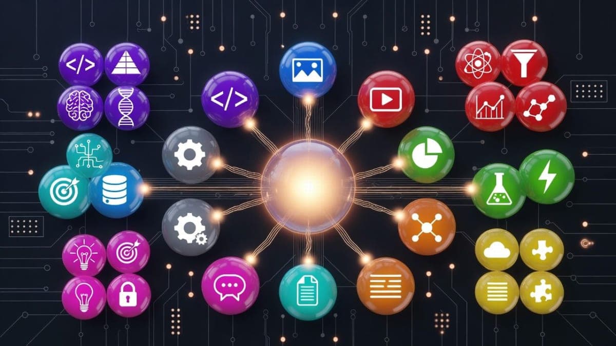 Abstract visualization of interconnected AI model nodes routing through a central orchestration hub