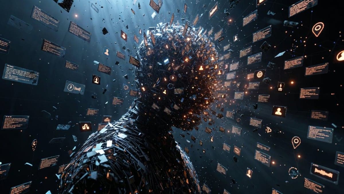 Abstract visualization of digital identity fragments being assembled from scattered online data points against a dark background