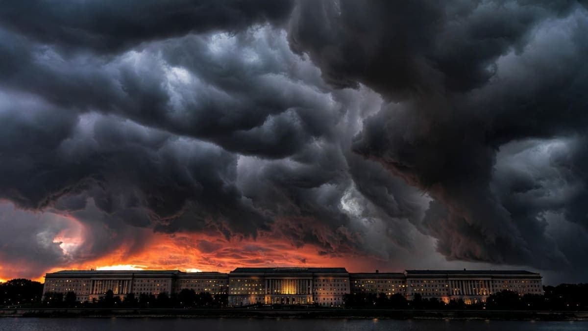 Pentagon building exterior with storm clouds overhead, symbolic of the tense standoff between the U.S. military and AI company Anthropic