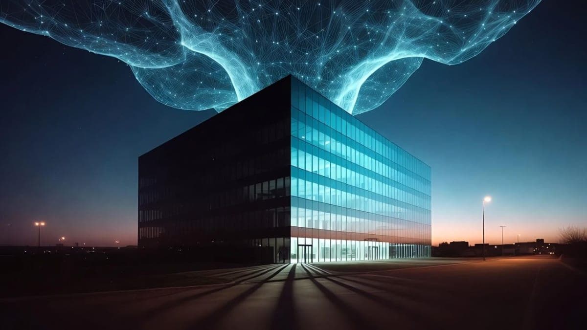 Block company headquarters with a large crowd of employees walking away carrying boxes, set against a backdrop of digital AI circuit patterns