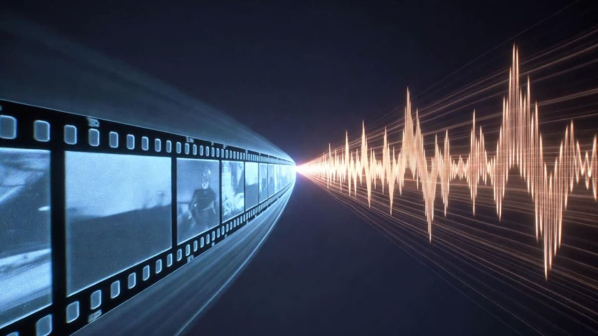Abstract visualization of dual parallel data streams merging video frames and audio waveforms