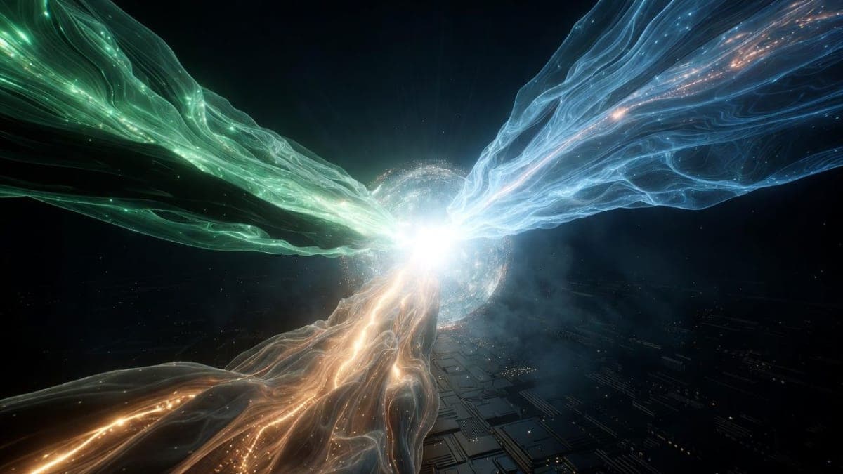 Abstract visualization of converging financial streams in green, blue, and gold tones representing major tech investment flows