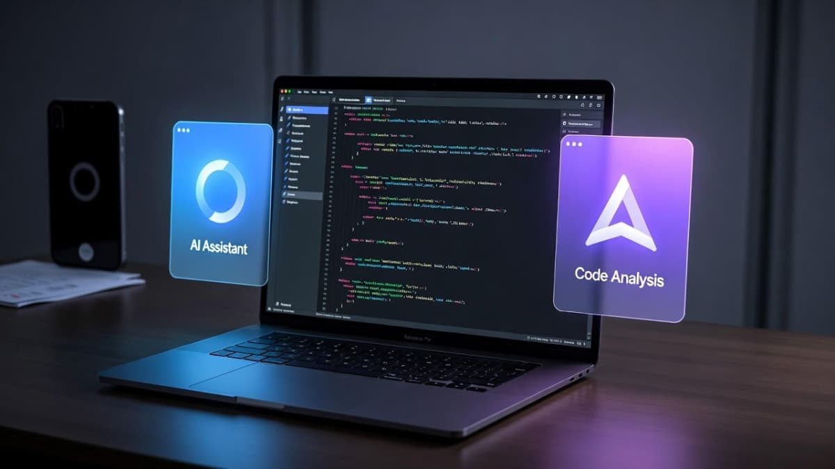 MacBook Pro displaying Xcode 26.3 with AI agent coding panel and iPhone simulator side by side
