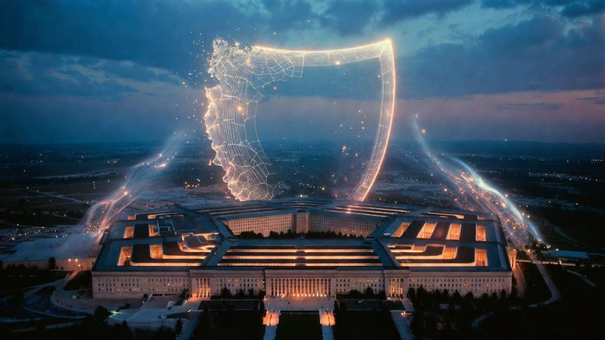 The Pentagon building viewed from above with AI-themed digital overlay representing the clash between government and tech company