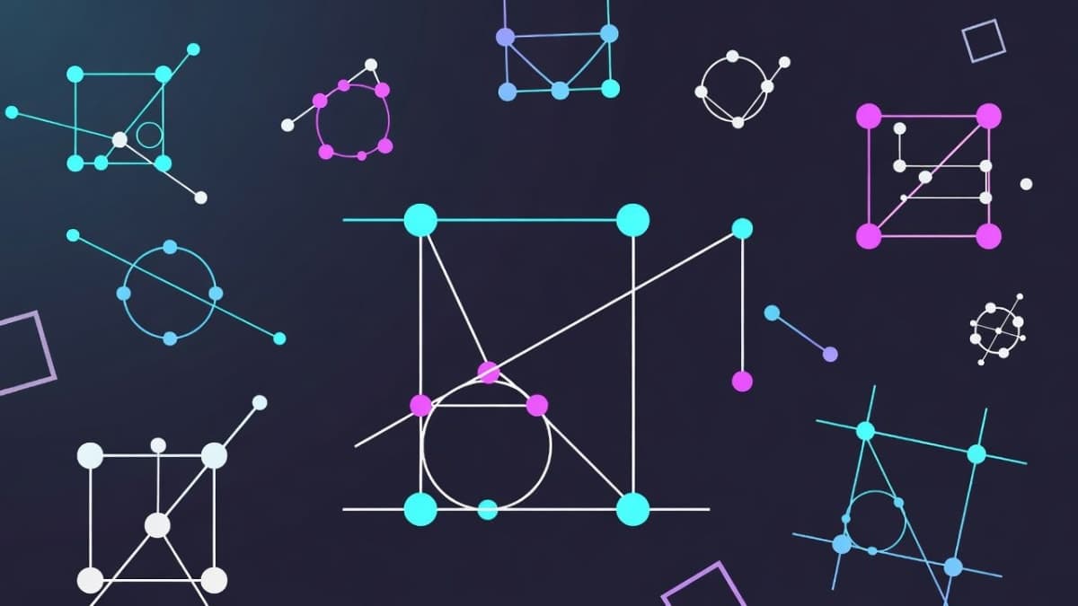 Abstract vector paths and geometric shapes forming a logo-like composition on a dark background, representing AI-generated SVG graphics