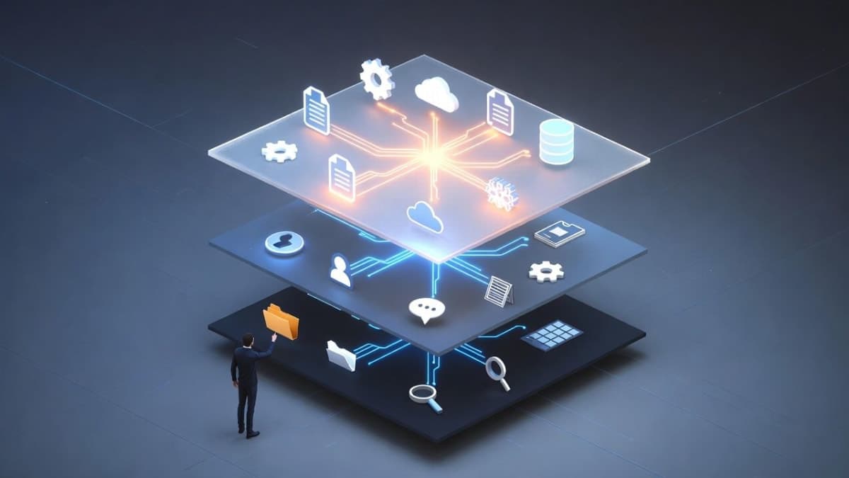 Layered architectural diagram showing three tiers of knowledge flowing into an AI coding session, with documents and agent icons at different depths