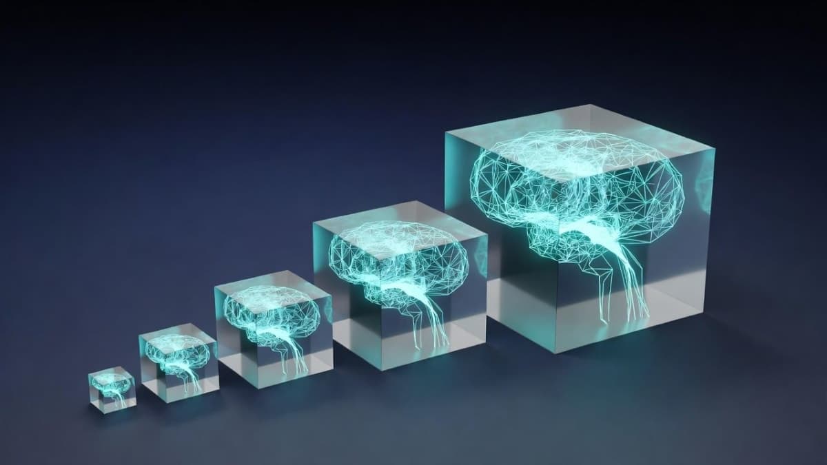 Abstract visualization of a large AI model being compressed into smaller, glowing nodes arranged in descending size on a dark background