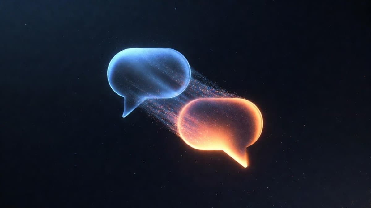 A digital illustration showing data flowing between two AI chat interfaces, with one fading out as the other lights up