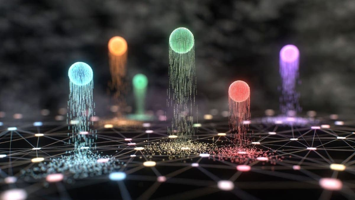 Abstract visualization of five AI agents represented as distinct colored nodes competing on a social media network graph