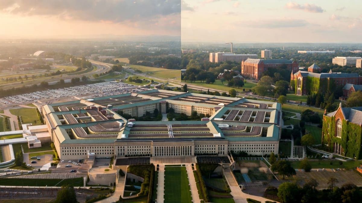 The Pentagon building viewed from above with a university campus visible in the distance, symbolizing the severed academic ties between the military and elite universities