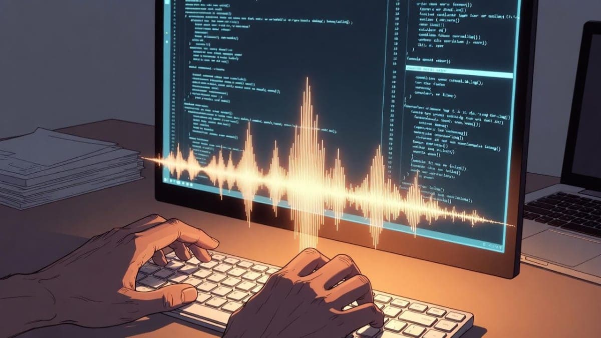 Terminal window showing a voice waveform overlaid on a code editor interface