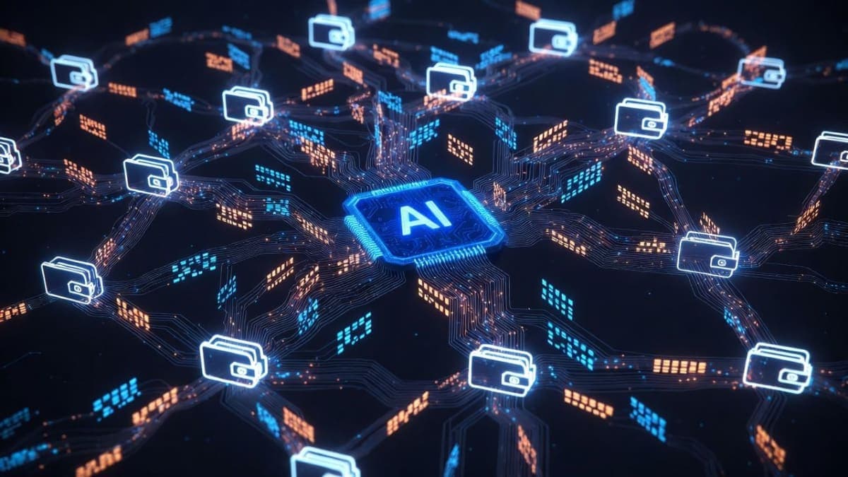 Abstract visualization of blockchain wallet connections and cryptocurrency trading patterns overlaid on a dark digital background