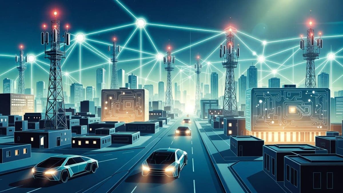 Abstract visualization of interconnected telecom towers and AI processing nodes forming a global network grid