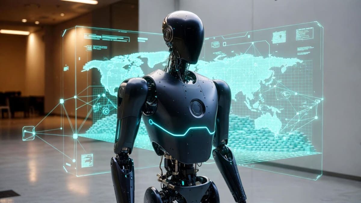 Unitree G1 humanoid robot standing in a research lab environment with overlaid visualization of spatial memory voxel grid