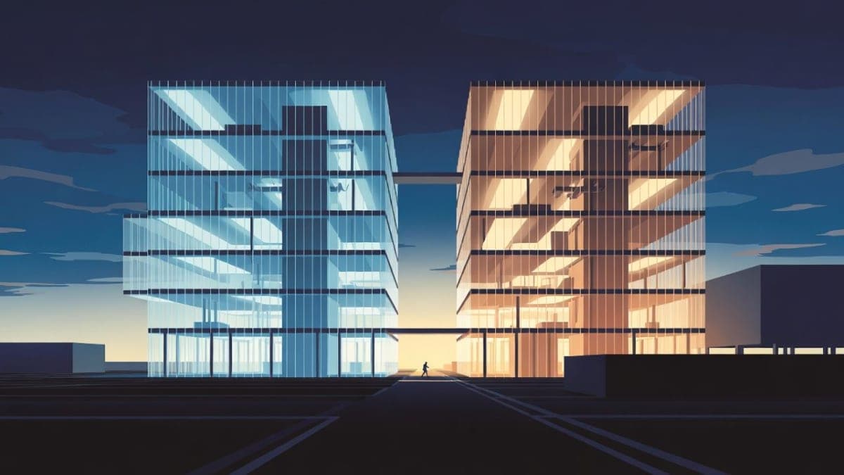 Abstract illustration of two competing AI research labs with a researcher walking between them