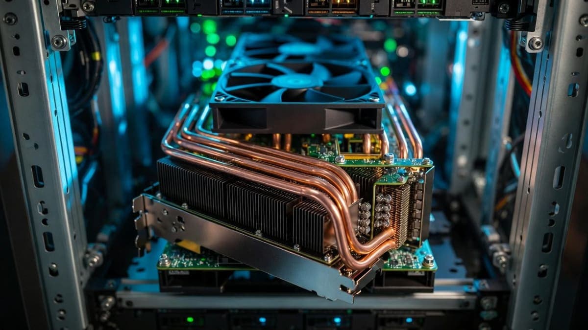 Nvidia H200 GPU accelerator cards installed in a server rack inside a data center, illuminated by cool blue ambient lighting