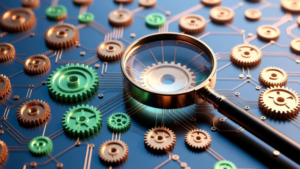 Abstract representation of automated testing pipelines with interconnected nodes and evaluation checkpoints