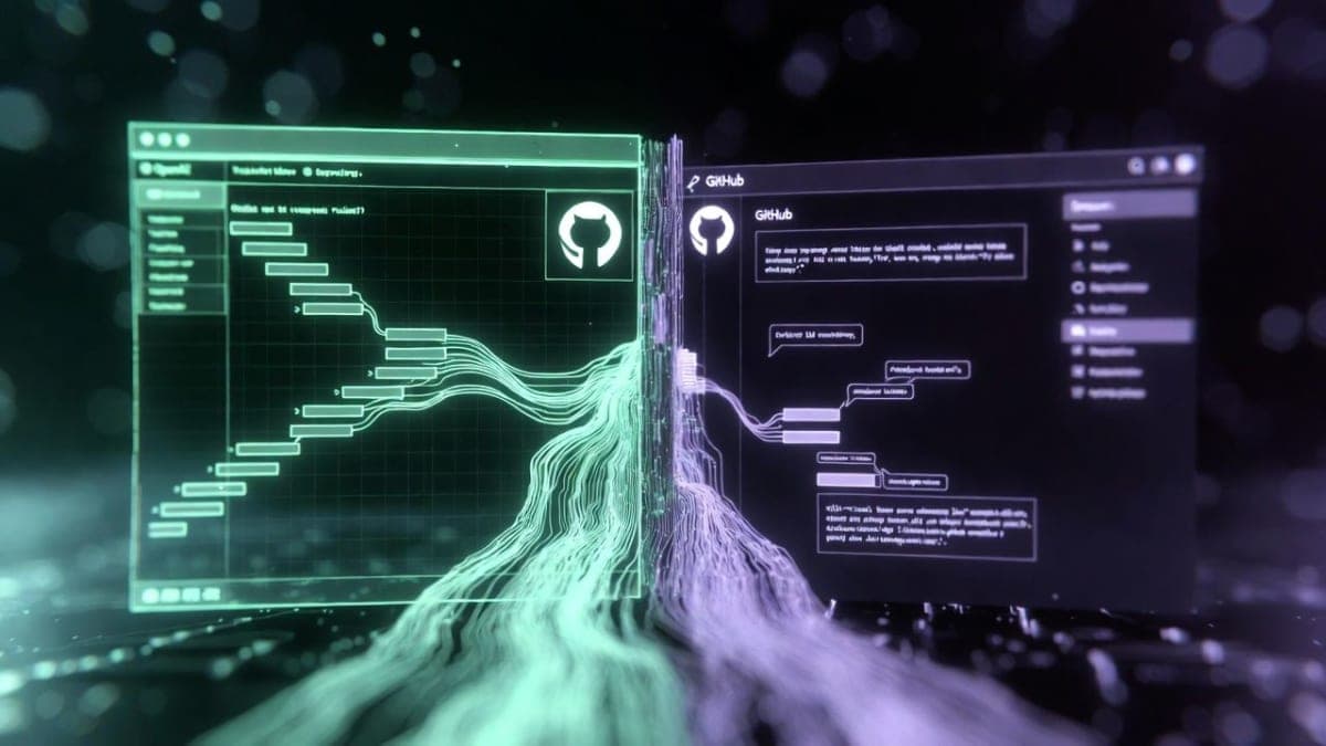 Abstract visualization of code repositories and branching version control systems with competing platform interfaces