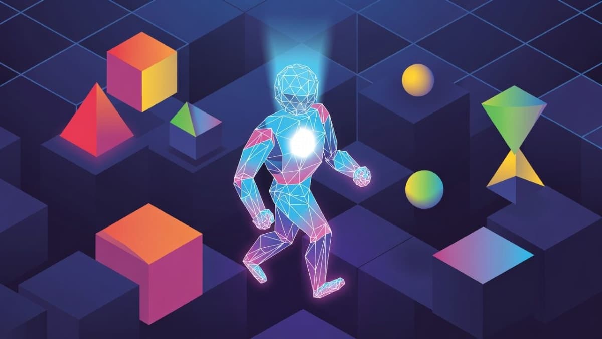 Abstract visualization of an AI agent navigating a colorful grid-based puzzle environment