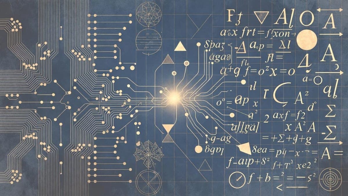 Abstract visualization of interconnected AI agents collaborating on mathematical proofs, with geometric patterns and proof notation