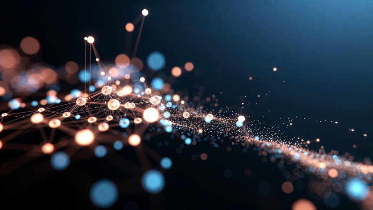 Abstract visualization of a fractured network with nodes disconnecting from a central hub, representing leadership departures from a tech team