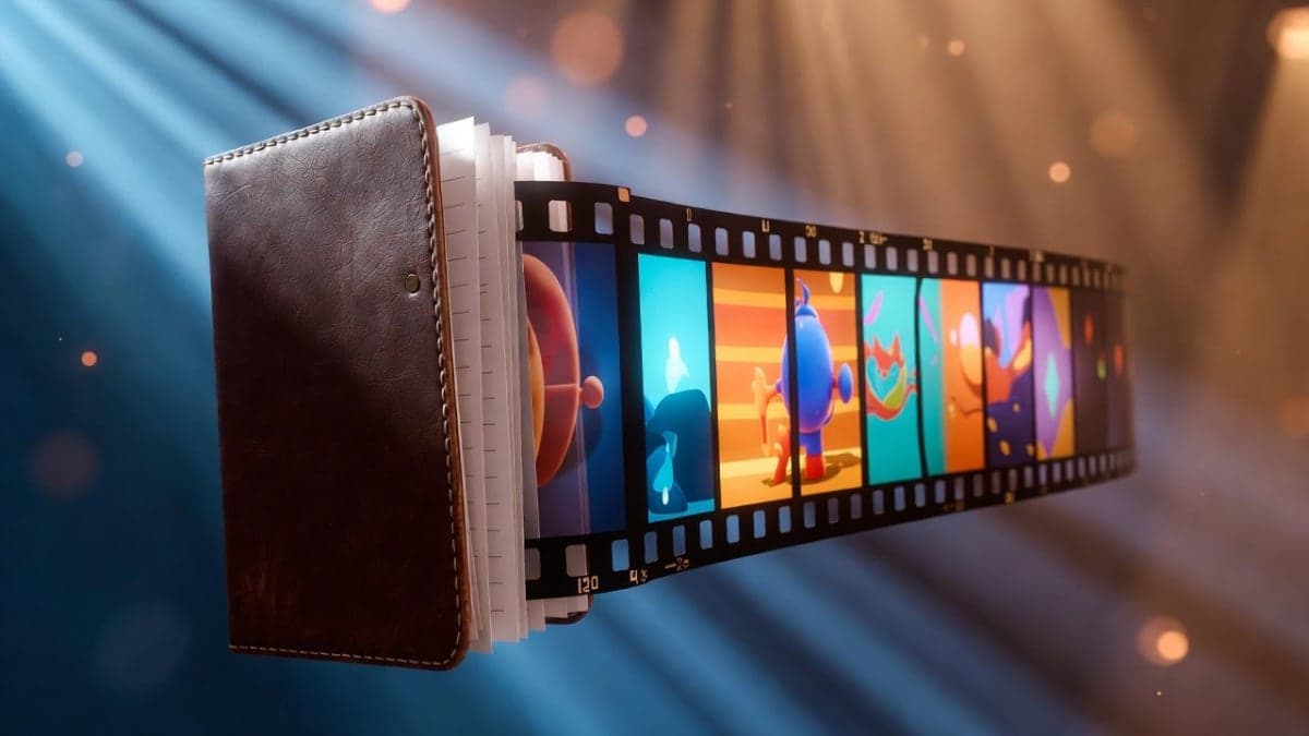 Abstract animation frames flowing out of a digital notebook, with colorful visual styles blending together