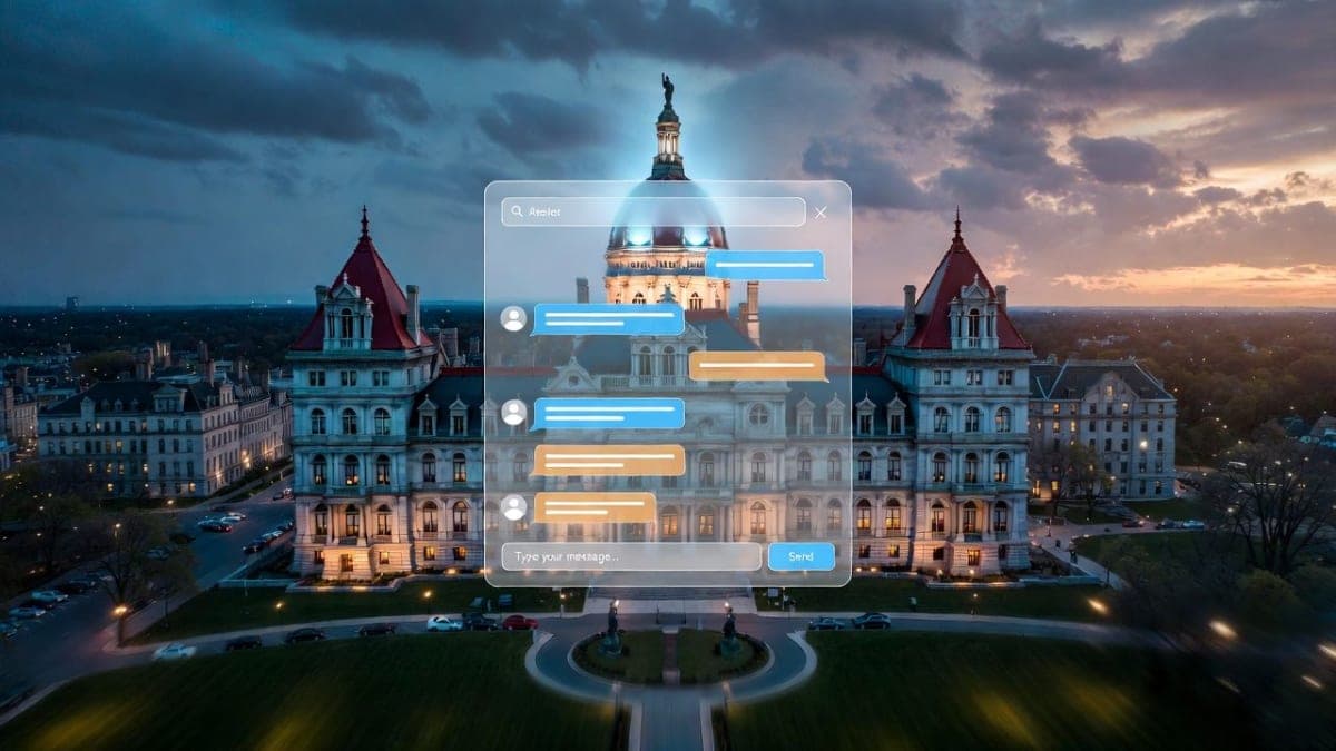 New York State Capitol building with abstract AI interface elements overlaid, representing technology regulation legislation