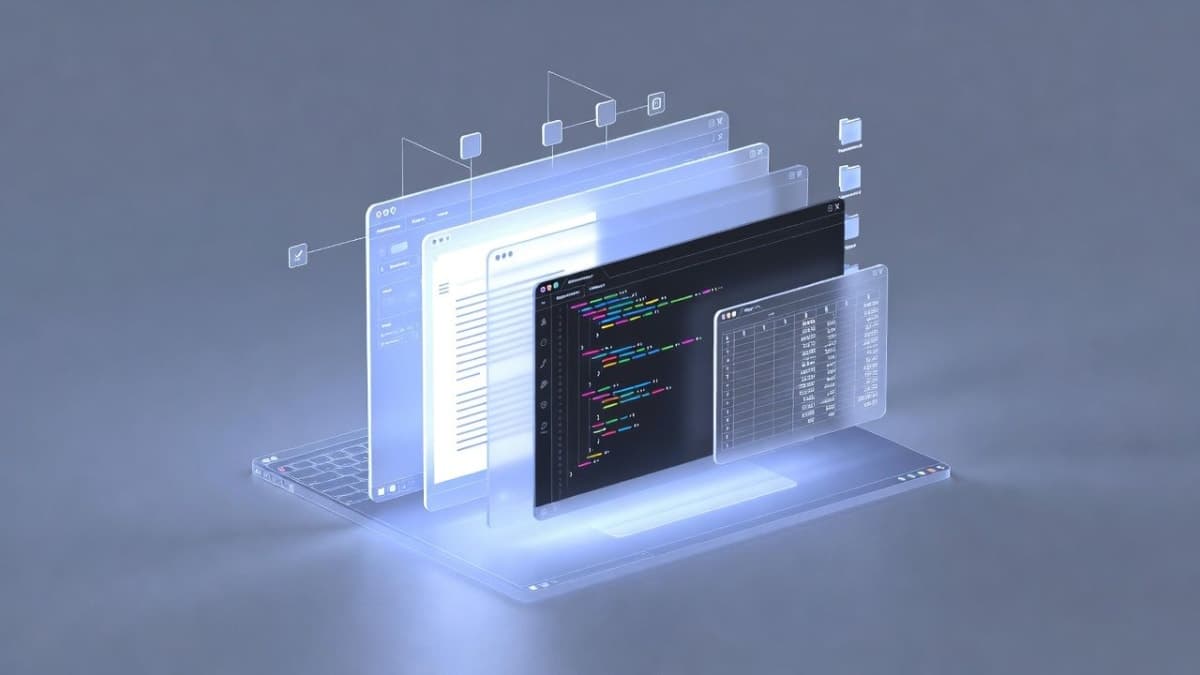 Abstract visualization of an AI reasoning system interacting with a computer desktop interface, showing tool chains and document outputs in a professional workspace