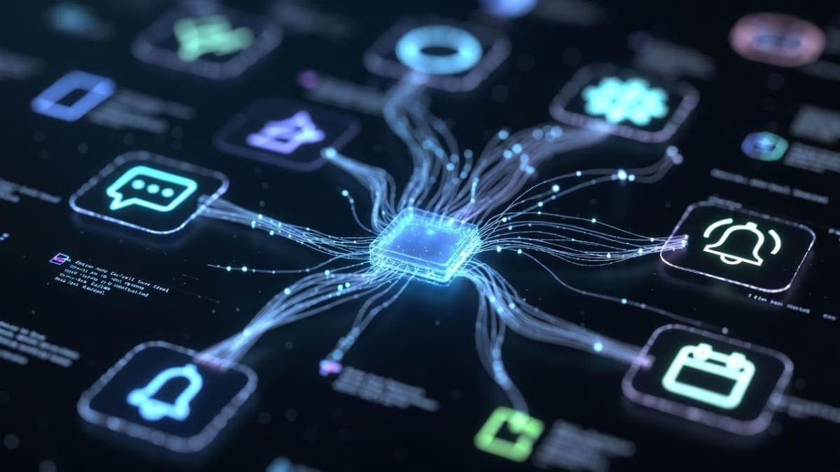 Abstract visualization of multiple autonomous coding agents running in parallel cloud environments, connected by event-driven trigger lines to Slack and GitHub icons