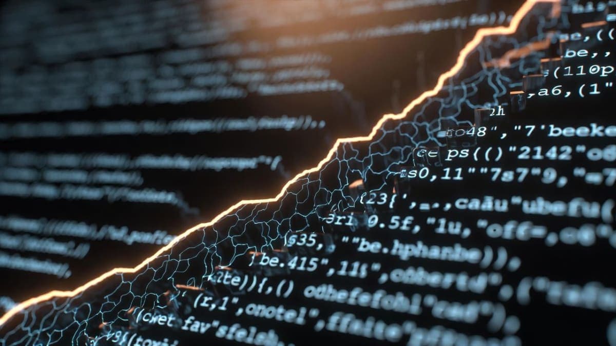 A rising line chart overlaid on a dense grid of code editor windows, symbolizing growing demand for software engineers amid AI expansion