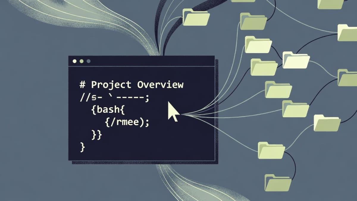 Terminal window showing a CLAUDE.md file open alongside a project directory structure with .claude skills folders