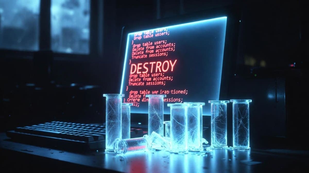 A dark terminal screen showing Terraform destroy output with red warning text, a database icon shattering into fragments