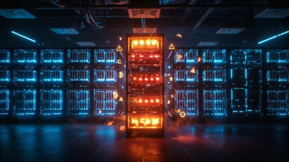 Server racks with GPU hardware in a data center illuminated by warning red and amber status lights