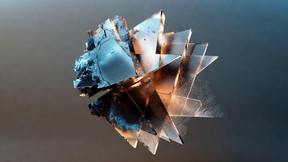 Abstract visualization of a language model's probability distribution fragmenting into uncertain outputs, with mathematical notation fading into noise