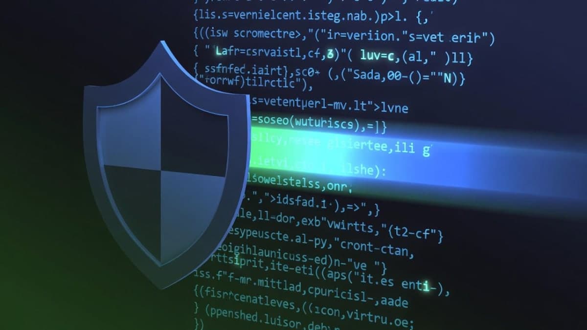 Abstract visualization of code scanning with security shield overlay on a dark terminal background