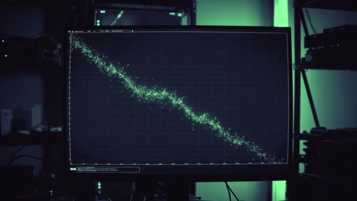 Terminal screen showing a scatter plot of training runs with decreasing validation loss over time, each dot representing an autonomous AI experiment