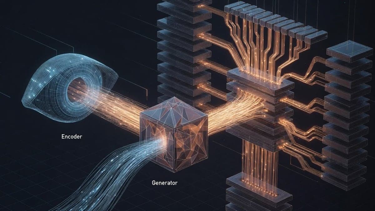 Abstract visualization of neural network weight matrices being dynamically generated and injected into a larger model architecture, with flowing data streams connecting encoder and generator components