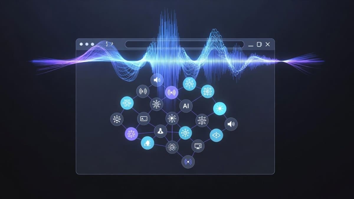 Perplexity Comet browser interface showing voice mode waveform and autonomous agent workflow panel