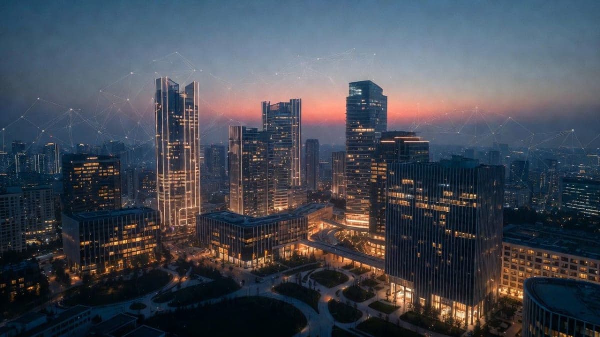 Aerial view of Shenzhen's Longgang District skyline with tech park buildings and urban infrastructure