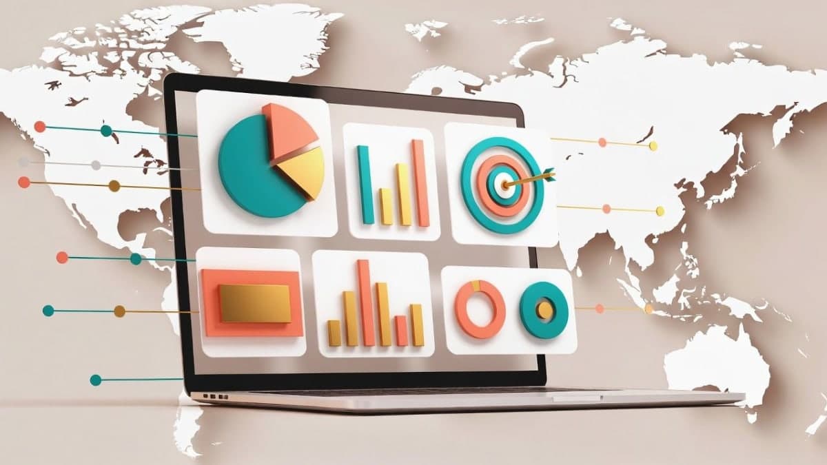 Abstract globe with colorful marketing assets and brand elements radiating outward, representing global AI-powered marketing expansion