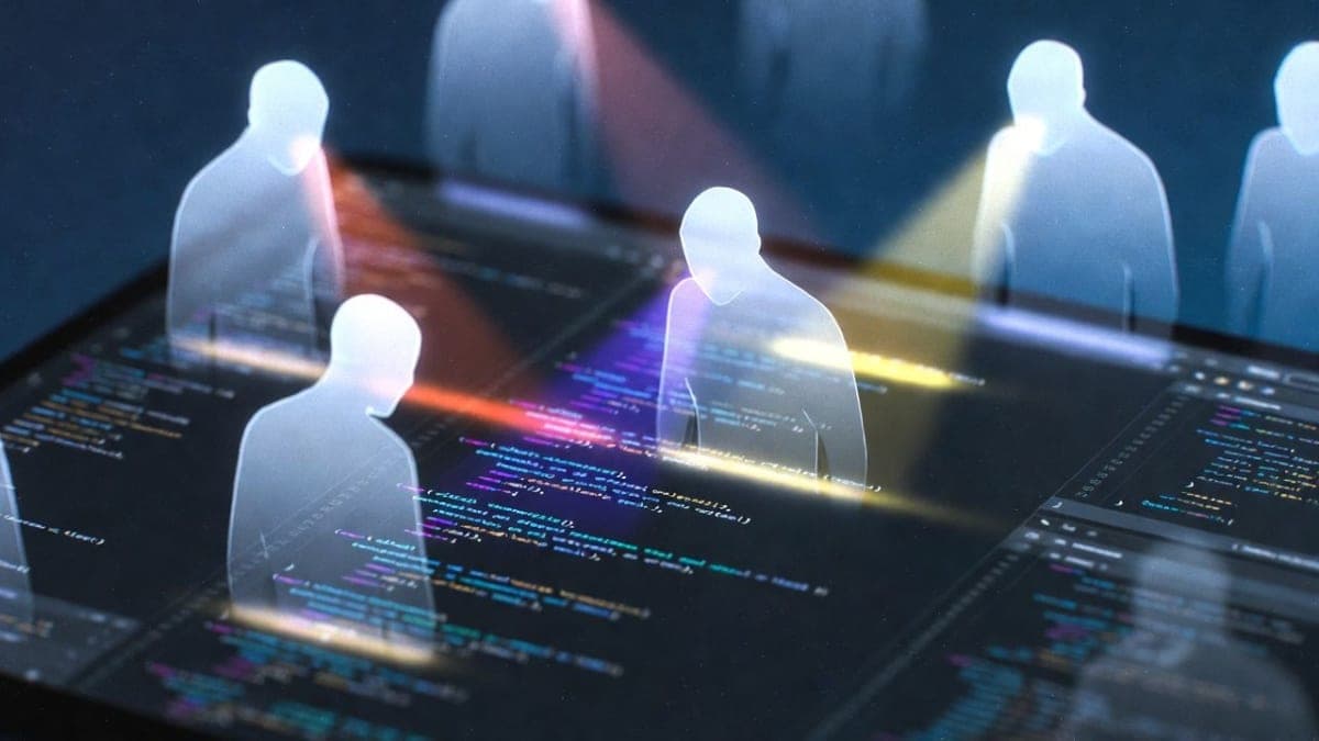 Multiple AI agents collaborating to analyze lines of code on a dark terminal screen with colored severity indicators