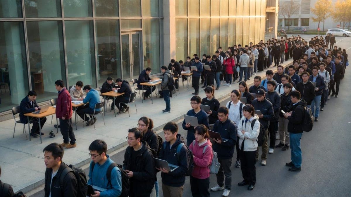 Long queue of people with laptops outside a modern tech company headquarters in Shenzhen, China, waiting for AI software installation