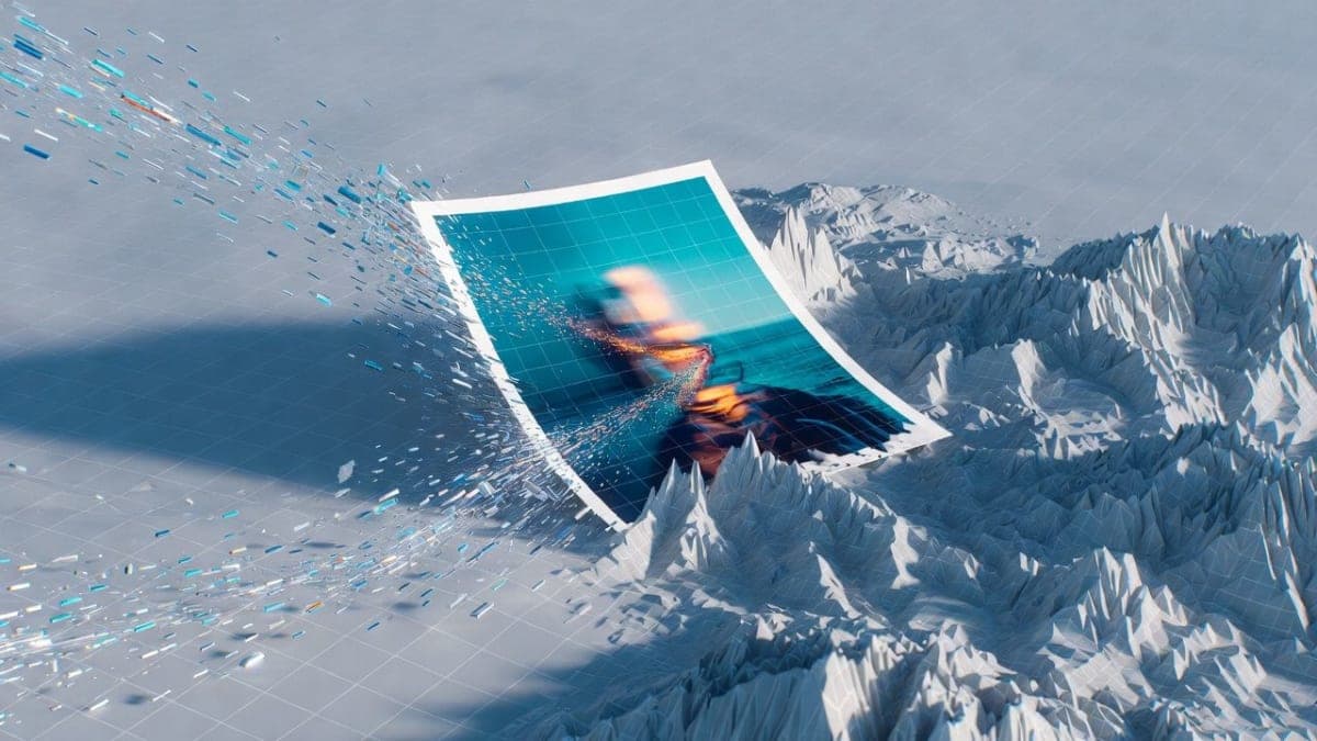 Abstract visualization of an AI-generated 3D environment with streaming video frames forming an explorable virtual landscape