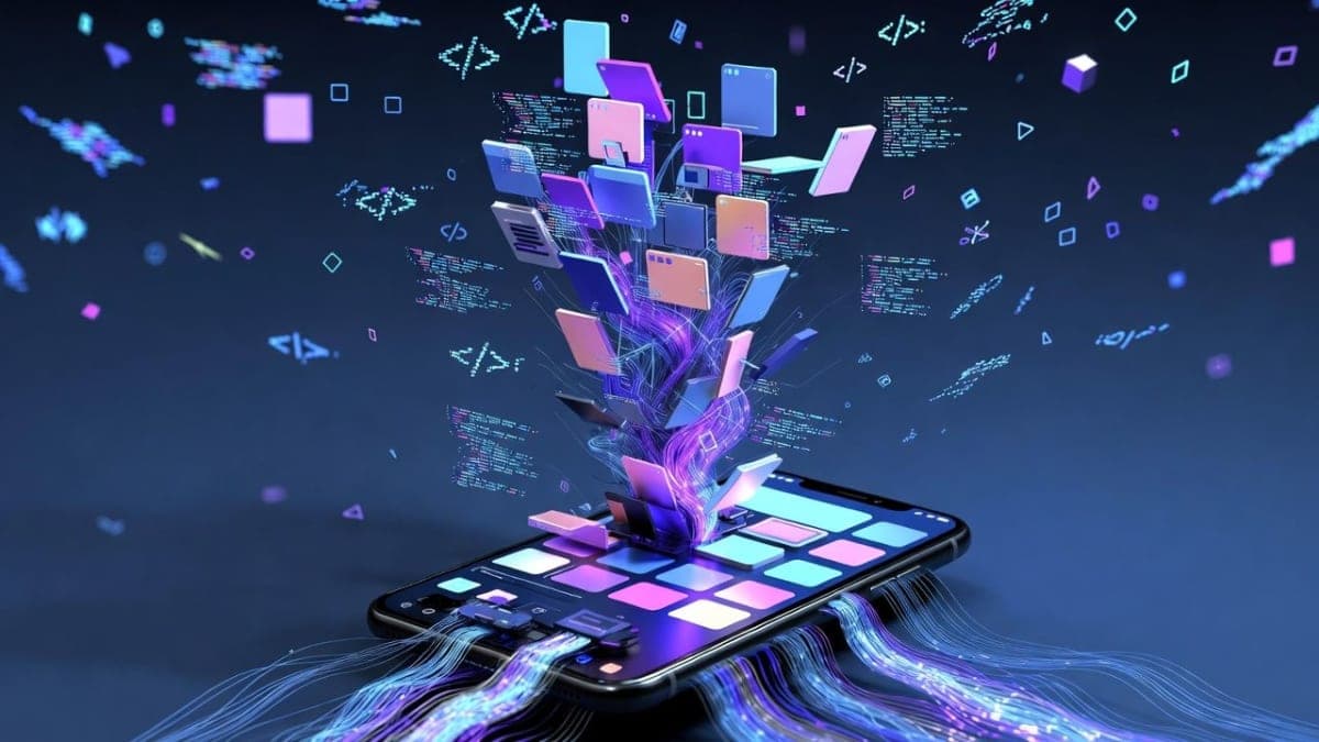 Samsung Galaxy smartphone displaying a code generation interface with colorful UI elements being assembled from text prompts