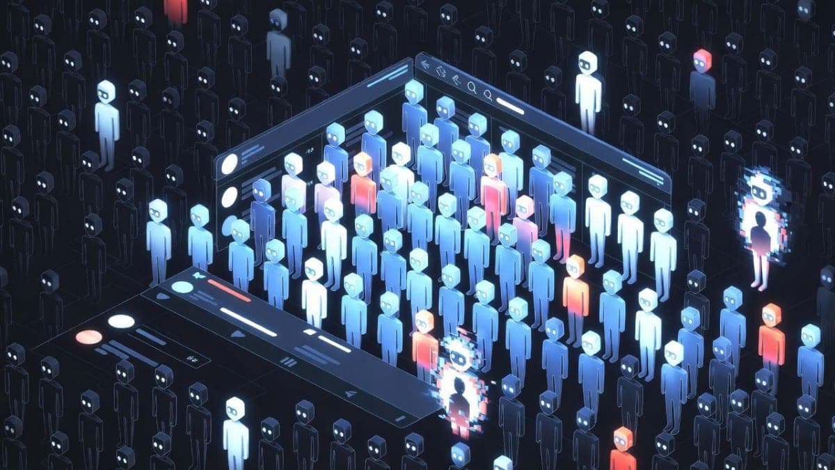 Abstract visualization of interconnected AI agent nodes on a social network grid with Meta's blue color scheme