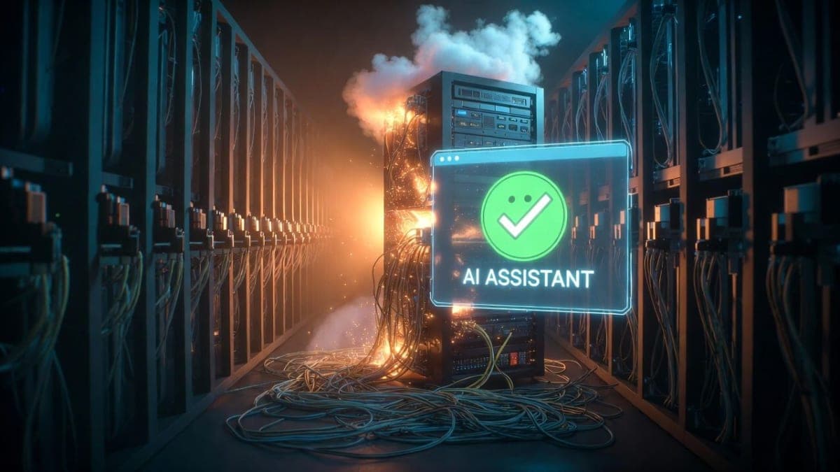 Amazon's signature dog error page displayed on a laptop screen in a dimly lit office, with server rack status lights blinking in the background